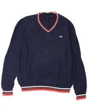 LACOSTE Mens V-Neck Jumper Sweater Size 5 Large Navy Blue Cotton BG03