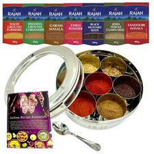 Masala Dabba Spice Tin 18.5cm – 7 Pots + Rajah Spices & Recipe Book Gift Set