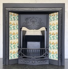 Restored Antique Cast Iron Edwardian Art Nouveau Tiled Insert Fireplace (AF262)