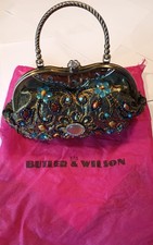 Butler and Wilson gold satin beaded evening bag with metal handle