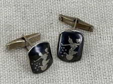 VINTAGE SIAM niello sterling silver cufflinks with godesses Thai