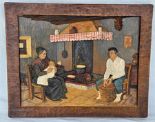 Vintage French ? Painted Carved Wood Effect Resin Plaque Rustic Folk Art