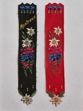 Fabric BOOKMARKS Alpine Flowers Embroidered Black and Red Swiss