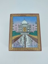 Vintage Indian Small Wooden Jewellery Box With Picture Of Taj Mahal Brass detail