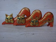 Vintage Laurel Burch Style Cats Wooden Hand Carved & Painted Folk Art. Set of 3