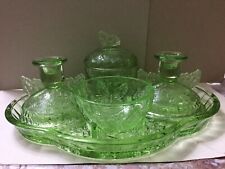 Vintage Sowerby Glass,30s,Art Deco Green Glass Butterfly Vanity Set,Candleholder