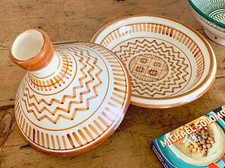 12.5” Large Moroccan Clay Serving Tagine Hand Painted in White and Orange