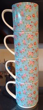 SAINSBURY'S HOME X 4 FLORAL MUGS STACKING BLUE PINKS SHABBY CHIC COFFEE TEA CUPS