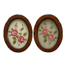 2 Vintage Oval Picture Wall Art Embroidery On Silk Floral Design Flowers Scene
