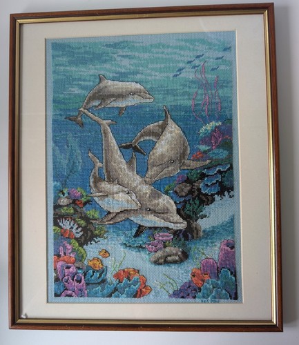 Framed dolphin cross stitch - framed,