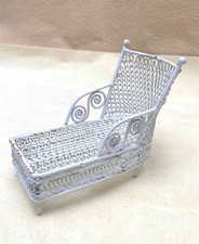 Vintage Doll House Handmade White Wire Wicker Outdoor Lounge Chair, 1:12 scale £