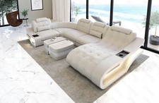 Living Area Leather Sofa LED Couch Luxury Leather Sofa Beige White Elegant U Shape