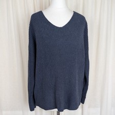 Poetry Linen Cotton Blend Ribbed Knit Jumper Chunky UK 14 Navy Blue