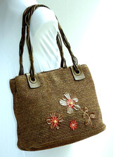 TULA RAFFIA SUMMER TOTE / SHOULDER BAG, CHOC BROWN WITH FLOWER APPLIQUE Med Size