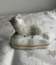 Antique Staffordshire Small Reclining Hand Painted Woolly Sheep / Lamb Figurine