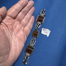 Vintage Sterling Silver Link Bracelet With Cabachon Cut Baltic Amber