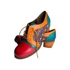 Socofy Women Leather Ankle Boots Multicolor Size 8 UK 42 EU Lace Patchwork Boho