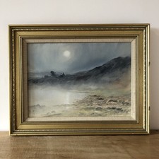 Vintage Moonlit Beach Coastal Sea Impressionist Oil Painting
