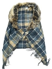 LAURA ASHLEY Faux Fur Trim Shawl Check Plaid Yellow Grey Chequered - ONE SIZE