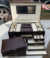 DULWICH DESIGNS BROWN LEATHER 3 LAYER JEWELLERY TRAVEL BOX CASE Mirror Key vgc