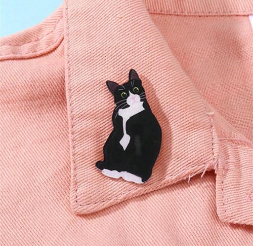 Tuxedo cat plastic pin badge - cat,