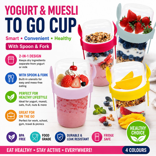 Yogurt pot with - yogurt, fork