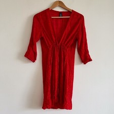 Boho Summer Mini Dress Red Orange Floral Hawaiian Bali Tunic Mini