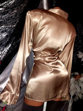 VTG SATIN SHINY GOLD PLUS 1X 48" OFFICE BUTTON UP BLOUSE 80S SECRETARY TOP