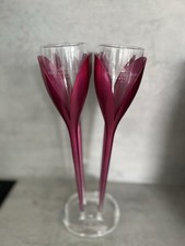 MOET & CHANDON CHAMPAGNE FLUTE SET - 4  PINK TULIP SHAPED FLUTES WITH STAND-VGC