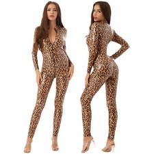 Women Sexy Bodysuit Leopard Print Zipper Long Sleeve Catsuit Leotard Jumpsuit UK