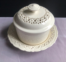 Antique Leeds Creamware Butter Tub Cover and Stand Reticulated Pattern - England