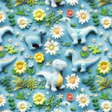 100% Cotton Digital 3D Fabric Little Johnny Dino Dinosaurs Floral 149cm Wide