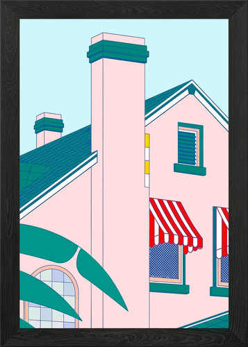 Pink house with awnings framed - house,