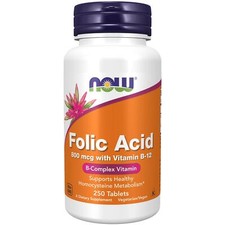 NOW Foods Folic Acid 800mcg + B-12 25mcg 250 Tablets, Energy Support, Prenatal