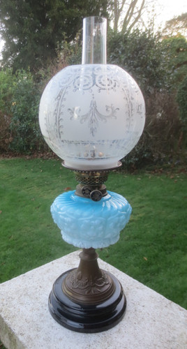 Antique brass blue glass oil - &,