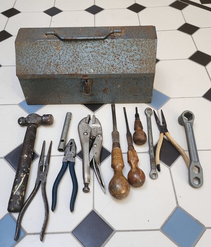 Vintage metal toolbox with - toolbox,