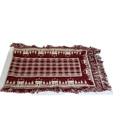 Crate Barrel table runner Red White Fringed House Tree Motif Belgian Cottage