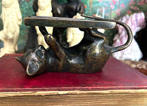 Bronze cat figurine card tray - figurine,