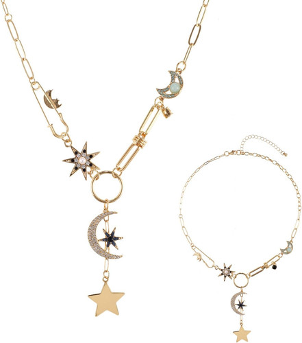 Gold charm necklace sun moon - charm, necklace,