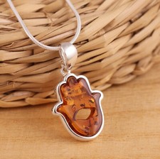 Baltic Amber 925 Sterling Silver Hamsa Hand of Fatima Pendant Necklace Gift Box