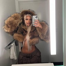 Women's Real Raccoon Fur Coat Hood Short Fur Jacket Natural Fluffy Thick Outwear