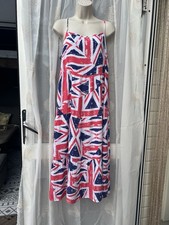 BEAUTIFUL UNION JACK STRAPPY TIERED MIDI SUN DRESS SZ 16 HOLIDAY / CORONATION
