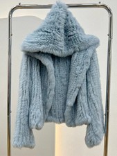 Girls Real Rabbit Fur Coat  Fur Jacket Loose Manual Weave Hooded Flare Sleeves