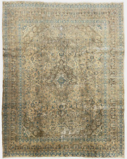 VINTAGE KESHAN CARPET, HAND MADE LIVING ROOM BEIGE PERSIAN RUG (12FT X 9FT)