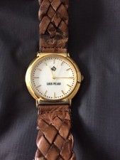LOUIS PICARD Mens 22K Gold Plated Quartz Watch with Brown Leather Strap 