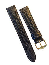 HIRSCH QUALITY VINTAGE 18MM BLACK REPTILE, GOLD BUCKLE WATCH STRAP
