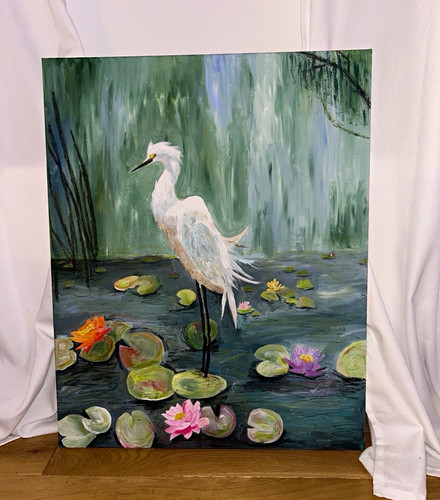 White heron lily pond - heron, canvas