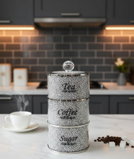 Stackable Diamond Crushed Tea Coffee Sugar Canisters Jars Round Shaped Kitchen