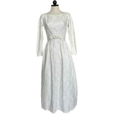 Vintage 60's Lorrie Deb Wedding Dress Paisley Brocade A-Line Boatneck White Sm