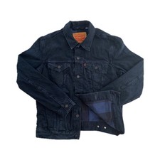 Levi’s Blanket Lined Blue Check Black Denim Black Type 3 Trucker Jacket Size M